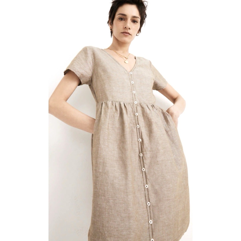 NEW! Madewell Alexandra Linen Button Front V-Neck Mini Dress Taupe SZ S